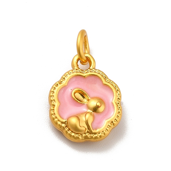 

PandaHall Rack Plating Alloy Enamel Pendants, Cadmium Free & Lead Free, with Jump Ring, Matte Gold Color, Flower with Rabbit, Pink...
