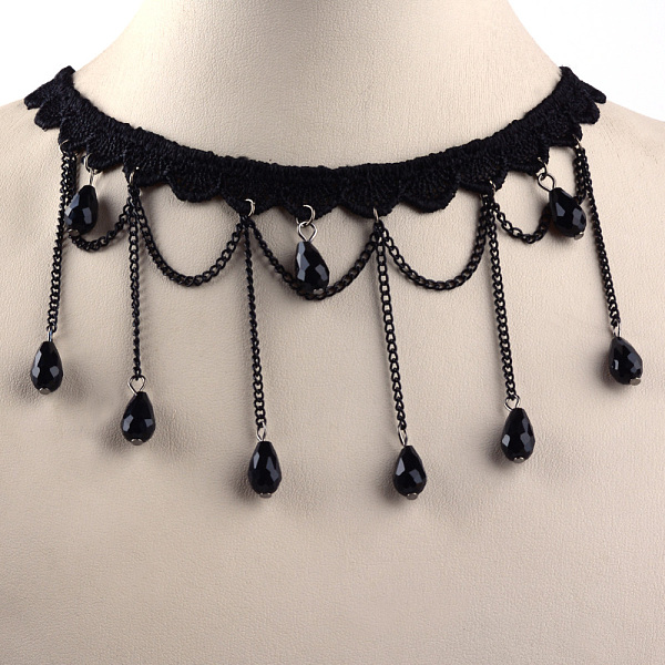 

PandaHall Gothic Style Vintage Lace Choker Necklaces, with Iron Chains, Glass Beads, Black, 12.9 inch Cloth Black