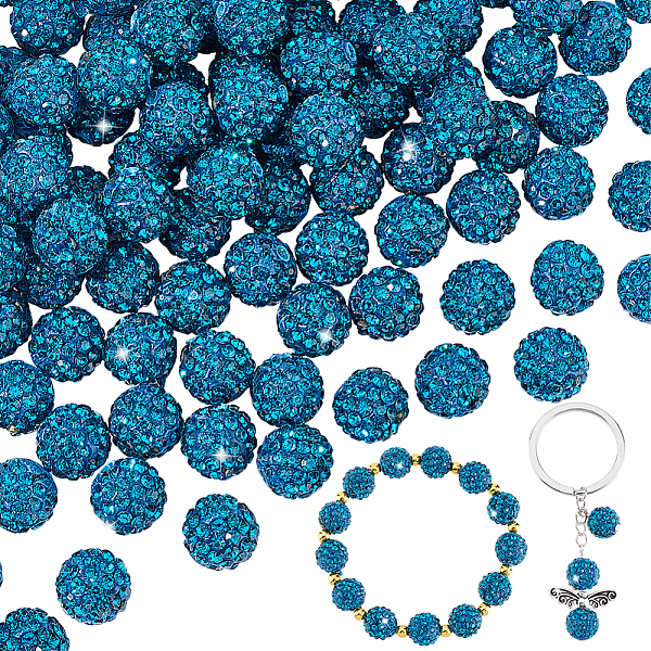 

PandaHall 100Pcs Pave Disco Ball Beads, Polymer Clay Rhinestone Beads, Round, Blue Zircon, PP13(1.9~2mm), 6 Rows Rhinestone, 10mm, Hole..., Cyan