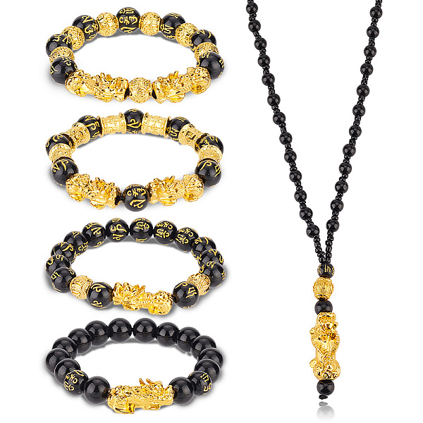 

PandaHall ANATTASOUL 5Pcs 5 Style Om Mani Padme Hum Mala Bead Bracelets & Buddhist Necklaces, Alloy Pi Xiu & Acrylic Beaded Stretch Bracelet..., Multicolor