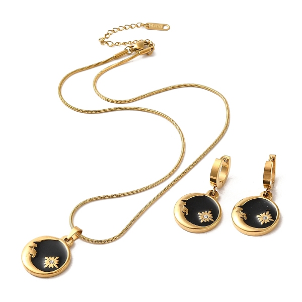 

PandaHall Moon & Flower Golden 304 Stainless Steel Jewelry Set with Enamel, Dangle Hoop Earrings and Pendant Necklace, Black, Necklaces...