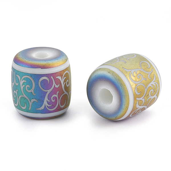

PandaHall Electroplate Glass Beads, Frosted, Barrel with Vine Pattern, Multi-color Plated, 12x11.5mm, Hole: 3mm, 100pcs/bag Glass Flower