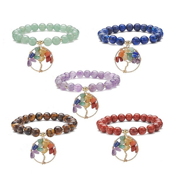 

PandaHall 5Pcs 5 Style Natural Mixed Gemstone Stretch Bracelets Set, Yoga Chakra Gemstone Chips Tree of Life Charms Bracelets for Women...