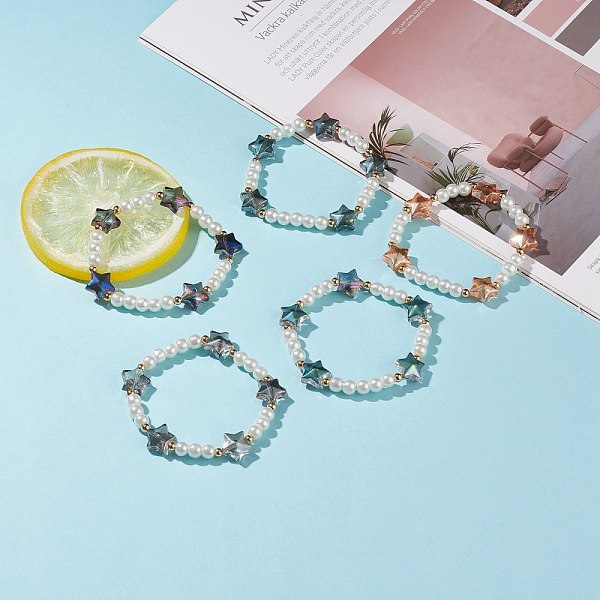 

PandaHall Glass Pearl & Star Beaded Stretch Bracelet for Women, Mixed Color, Inner Diameter: 2 inch(5.2~5.4cm) Glass