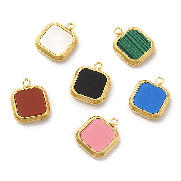 

PandaHall Vacuum Plating 304 Stainless Steel Pendants, with Synthetic Malachite & Acrylic & Shell, Square Charm, Golden, 15x12x3mm, Hole...