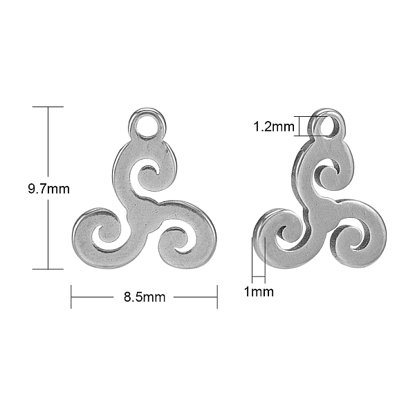 

PandaHall 304 Stainless Steel Charms, Triskele/Triskelion,Irish,Stainless,SteelColor,9.7x8.5x1mm,Hole:1.2mm 304 Stainless Steel Others