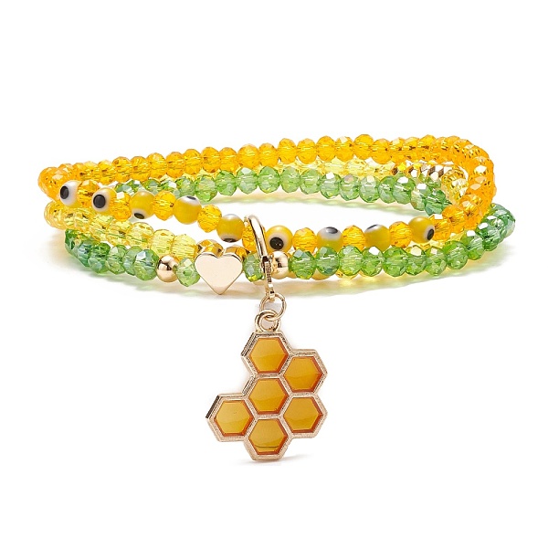 

PandaHall Round Glass Evil Eye Triple Layer Multi-strand Bracelet, Alloy Enamel Beehive Charm Stretch Bracelet for Women, Yellow Green..., Gold