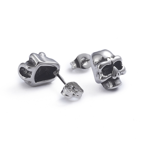 

PandaHall Retro 304 Stainless Steel Stud Earrings, with Ear Nuts, Skull, Antique Silver, 11.5x9mm, Pin: 0.7mm 304 Stainless Steel Skull