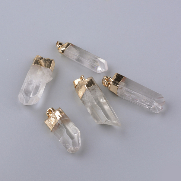 

PandaHall Electroplate Natural Quartz Crystal Pendants, Rock Crystal, with Iron Findings, Golden, 35~47x10~16x10~15mm, Hole: 6x3mm Quartz...