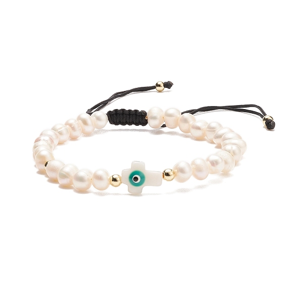 

PandaHall Natural Shell & Pearl Braided Bead Bracelet, Cross with Evil Eye Adjustable Bracelet for Women, Teal, Inner Diameter: 2-1/4~4 inch..., Cyan