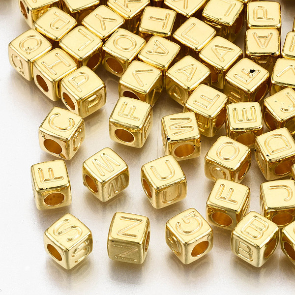 

PandaHall CCB Plastic Beads, Horizontal Hole, Cube with Letter, Golden, 7x7x7mm, Hole: 3.5mm, about 2000pcs/500g Plastic Letter A~Z