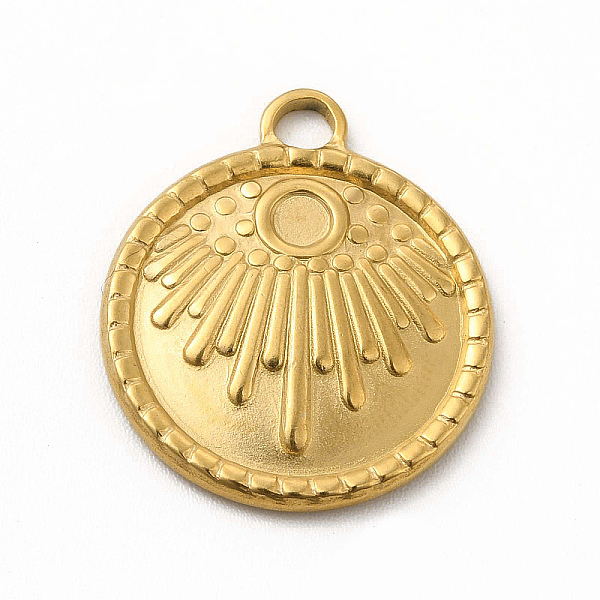 

PandaHall 304 Stainless Steel Pendants, Flat Round with Sunshine Charms, Golden, 21.5x18.5x2mm, Hole: 2.6mm 304 Stainless Steel Sun