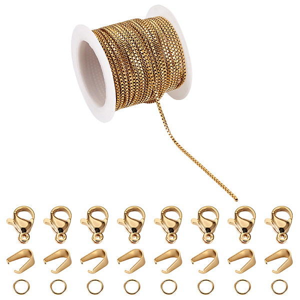 

PandaHall DIY Chain Bracelet Necklace Making Kit, Including 304 Stainless Steel Box Chains & Clasps & Snap on Bails, Golden, Chain: 5M/set...