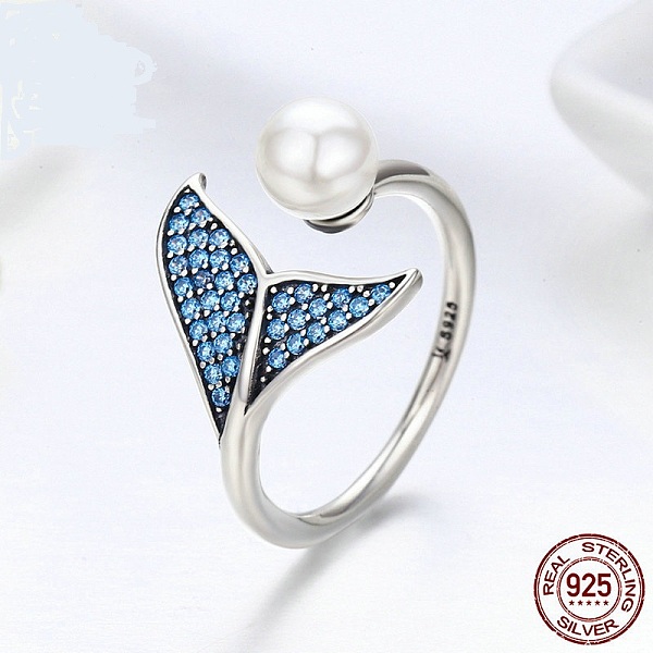 PandaHall Adjustable 925 Sterling Silver Finger Rings, with Cubic Zirconia and Shell Pearl, with 925 Stamp, Mermaid Tail Shape, Blue...