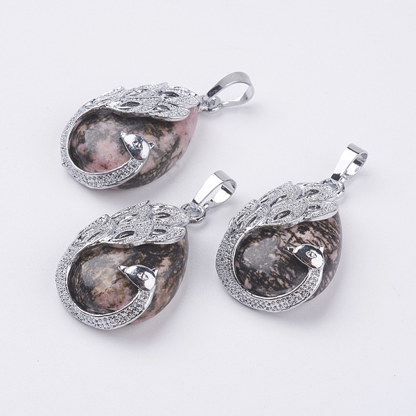 

PandaHall Natural Rhodonite Pendants, with Brass Finding, Teardrop with Peacock, Platinum, 33x20x10.5mm, Hole: 5x6.5mm Rhodonite Teardrop
