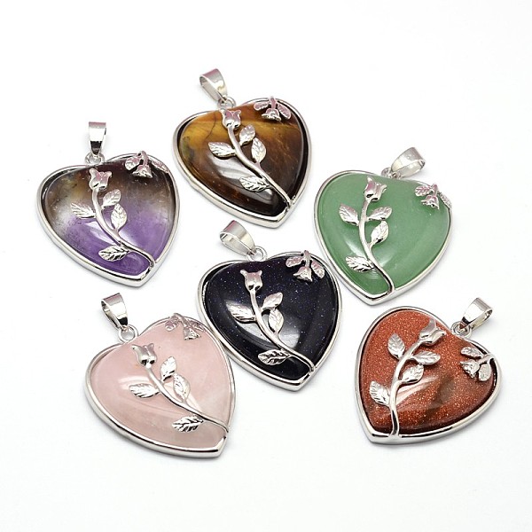 

PandaHall Heart with Flower Platinum Plated Brass Natural & Synthetic Mixed Stone Pendants, Cadmium Free & Lead Free, 37x31.5x8mm, Hole...