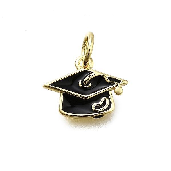 Brass Enamel Charms, with Jump Ring, Graduation Cap Charm, Long-Lasting Plated, Lead Free & Cadmium Free, Rack Plating, Real 18K Gold Plated, Black, 8.5x11.5x1.5mm, Hole: 3mm