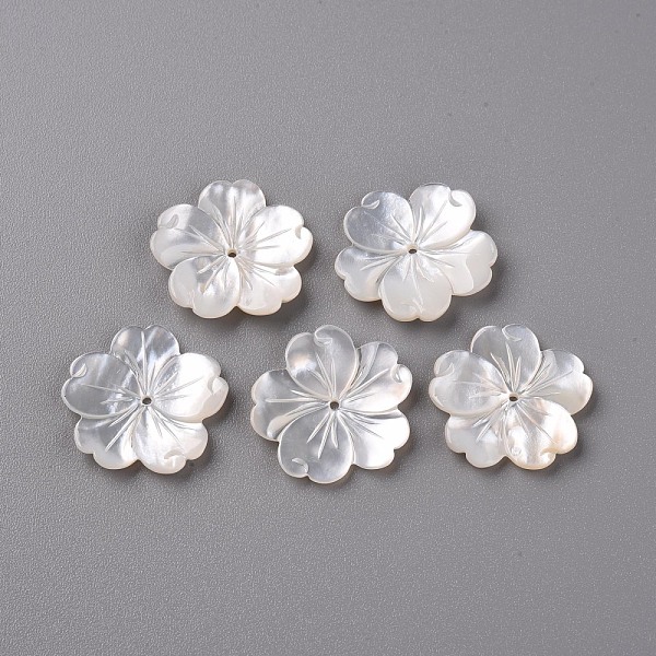 

PandaHall Natural White Shell Mother of Pearl Shell Beads, Carved, Flower, Creamy White, 21x21x2~3mm, Hole: 1mm White Shell Flower