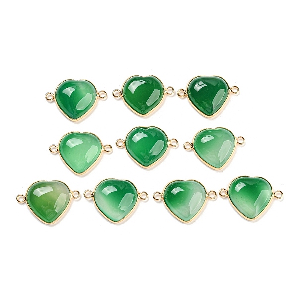 PandaHall Natural Green Onyx Agate Connector Charms, Golden Tone Brass Edge, Heart, 20x28x7mm, Hole: 2.4mm Green Onyx Agate Heart