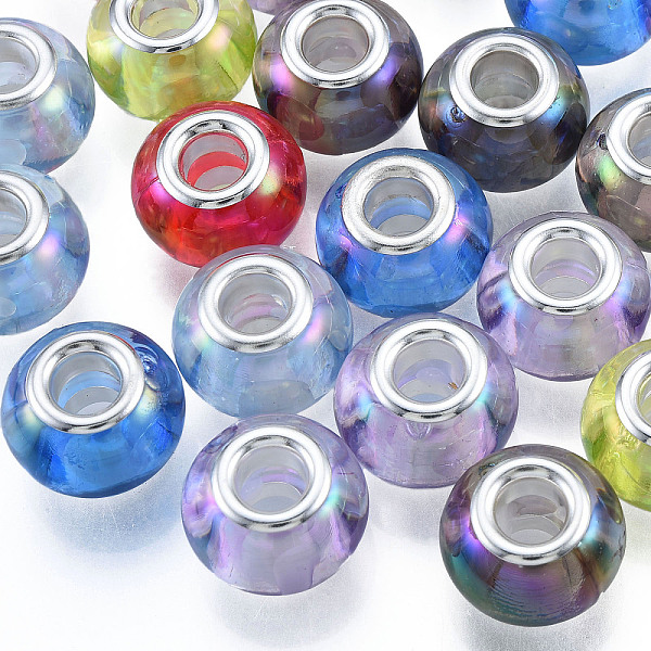 

PandaHall Transparent Large Hole Acrylic European Beads, with Silver Color Plated Iron Double Cores, Rondelle, Mixed Color, 13.5x9.5mm, Hole..., Multicolor