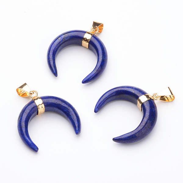 

PandaHall Natural Lapis Lazuli Pendants, with Golden Tone Brass Findings, Double Horn/Crescent Moon, 35x32x10mm, Hole: 4.5x8mm Lapis Lazuli...