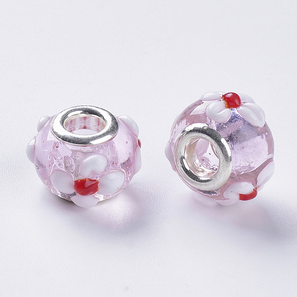 

PandaHall Handmade Bumpy Lampwork European Beads, Large Hole Beads, with Silver Color Plated Brass Double Cores, Rondelle, Pearl Pink...