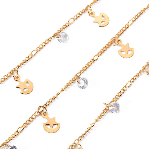 

PandaHall Handmade Brass Curb Chains, with Cubic Zirconia Charms, Soldered, Spool, Star & Moon, Real 18K Gold Plated, 3.3x1.5x0.3mm and..., Clear