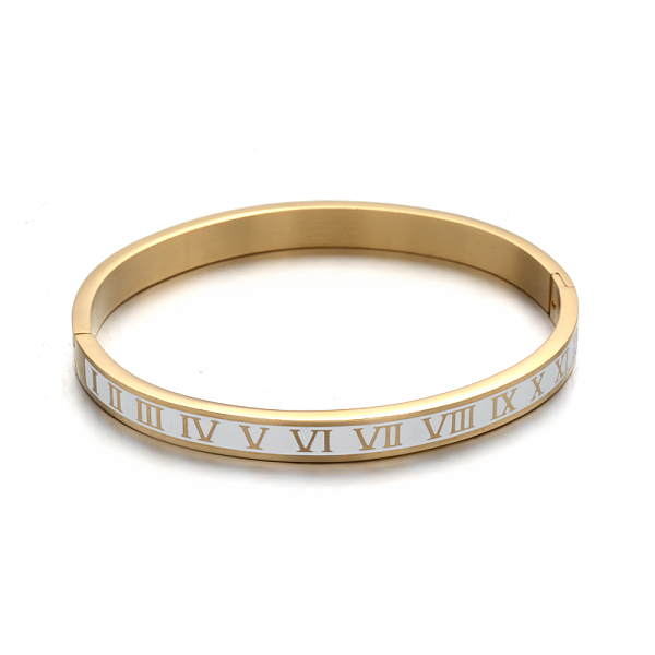 

PandaHall Roman Numerals Design 304 Stainless Steel Enamel Bangles, Golden, 50x59mm 304 Stainless Steel White