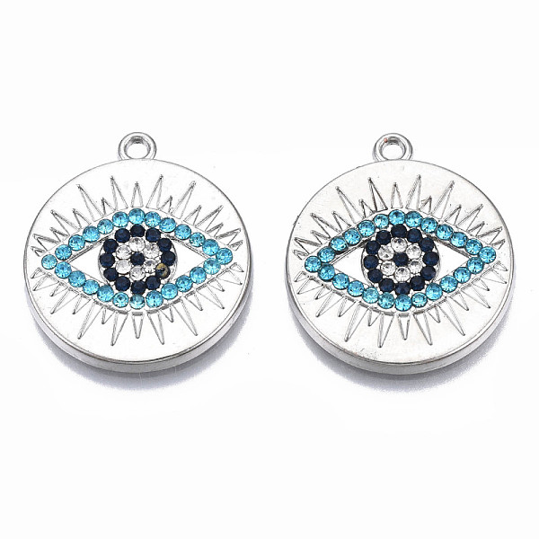 PandaHall Rack Plating Alloy Pendants, with Aquamarine Rhinestone, Cadmium Free & Nickel Free & Lead Free, Flat Round with Evil Eye...