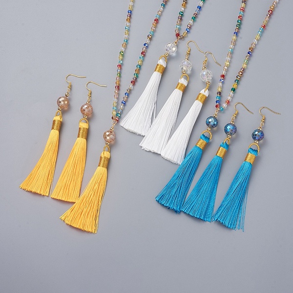 

PandaHall Polyester Tassel Pendant Jewelry Sets, Pendant Necklaces and Dangle Earrings, with Glass Beads and Golden Tone Brass Earring Hooks..., Multicolor
