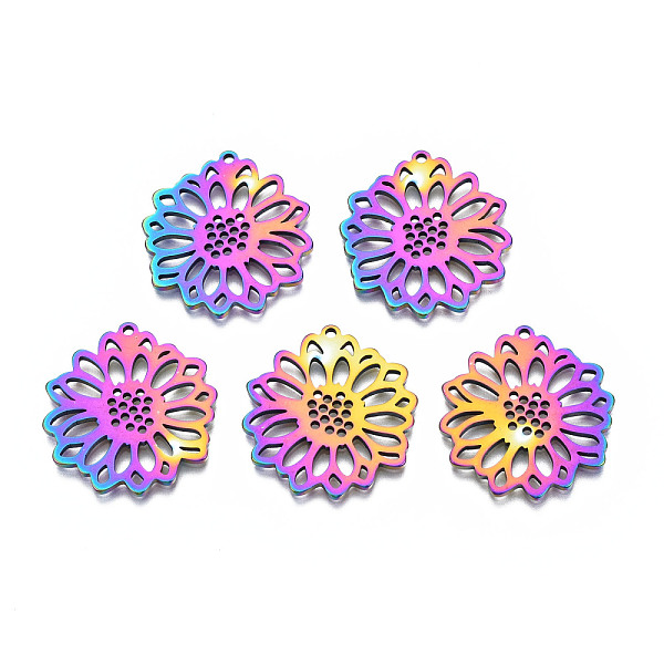 

PandaHall Ion Plating(IP) 201 Stainless Steel Pendants, Flower, Rainbow Color, 26x25x1.5mm, Hole: 1.2mm 201 Stainless Steel Flower