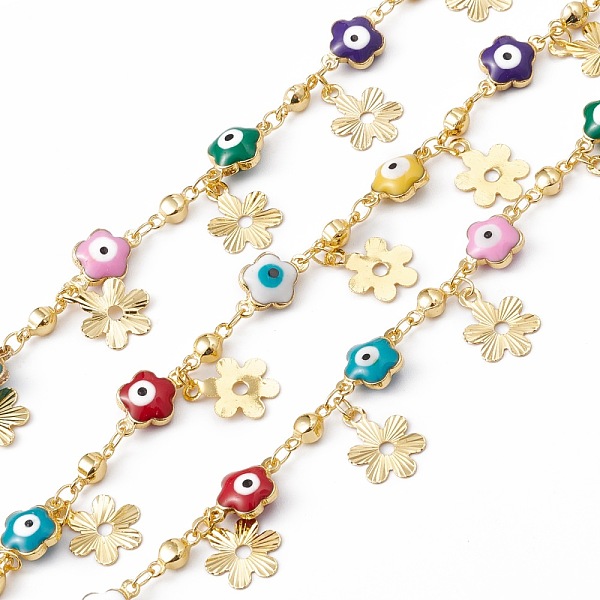 

PandaHall Handmade Eco-friendly Brass Enamel Flower with Evil Eye Link Chain, with Flower Charms, Real 18K Gold Plated, Lead Free & Cadmium...