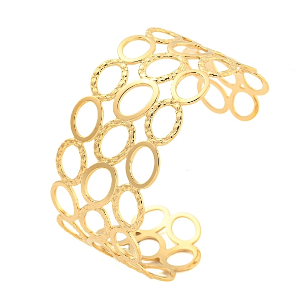 

PandaHall Ion Plating(IP) 304 Stainless Steel Hollow Open Cuff Bangles, Real 18K Gold Plated, Inner Diameter: 2-5/8 inch(6.7cm), 33mm 304...