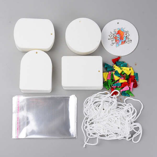 PandaHall Felt Heat Tranfer Printing Scented Pieces Set, with Scented Pieces, Tassels Pendants, OPP Bags & Elastic Cord, White...