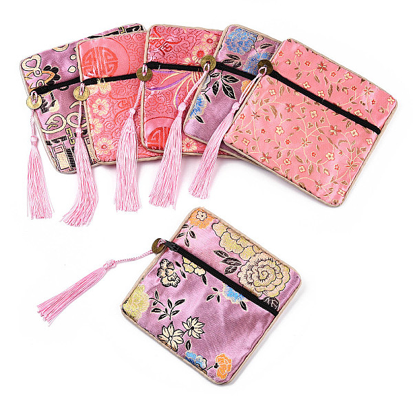PandaHall Chinese Brocade Tassel Zipper Jewelry Bag Gift Pouch, Square with Flower Pattern, Pink, 11.5~11.8x11.5~11.8x0.4~0.5cm Cloth Flower...