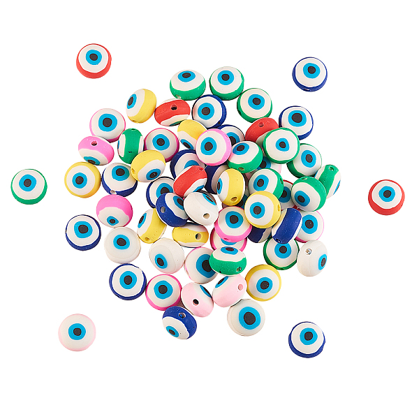 

PandaHall Handmade Polymer Clay Beads, for DIY Jewelry Crafts Supplies, Flat Round with Evil Eye, Mixed Color, 12x8mm, Hole: 1.8mm, about..., Multicolor