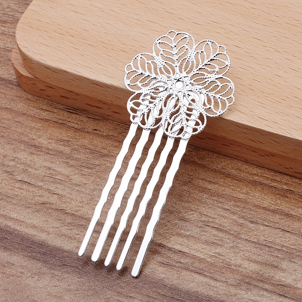 

PandaHall Brass Hair Comb Findings, with Filigree Flower, Silver, 62x30mm Brass