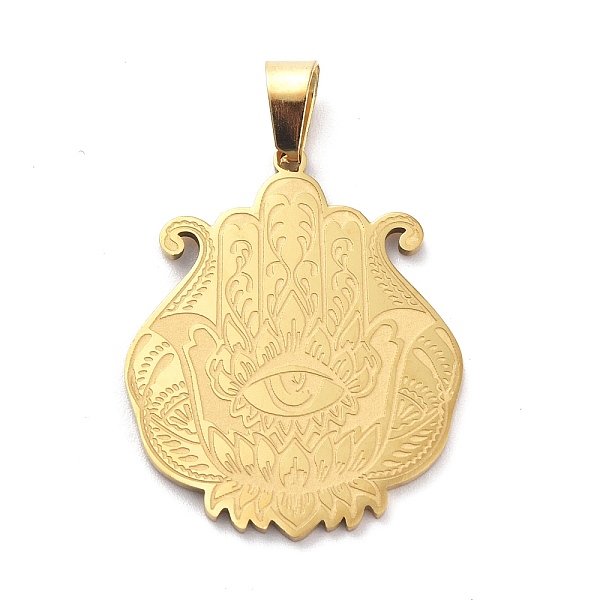 

PandaHall 304 Stainless Steel Pendants, Hamsa Hand/Hand of Miriam with Eye Charm, Golden, 31x26x1mm, Hole: 7x4mm 304 Stainless Steel Palm