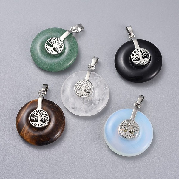 

PandaHall Natural & Synthetic Mixed Stone Pendants, with Platinum Tone Brass Findings, Donut/Pi Disc with Tree of Life, 35.5x30x8.5~9.5mm..., Multicolor