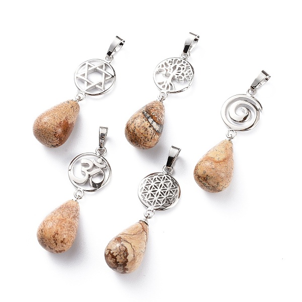 

PandaHall Yoga Chakra Jewelry, Natural Picture Jasper Pendants, with Platinum Plated Brass Findings, Teardrop & Votex/Om Symbol/Tree of...