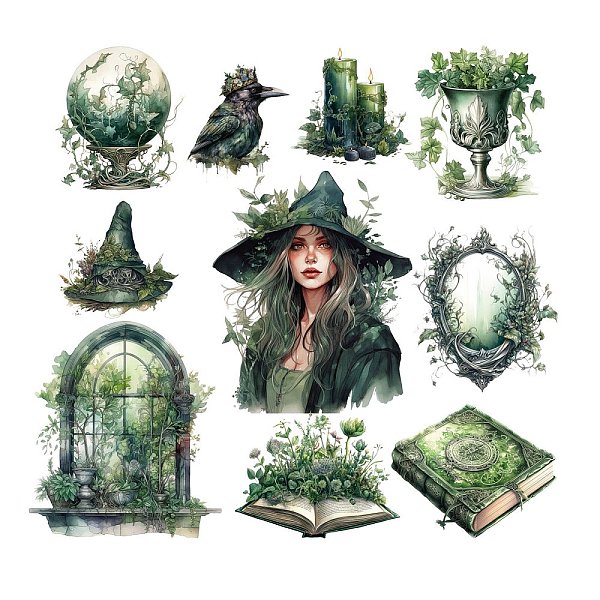 

PandaHall 20Pcs 10 Styles Witch Theme PET Self Adhesive Decorative Stickers, Waterproof Gothic Decals, for DIY Scrapbooking, Green, Packing...