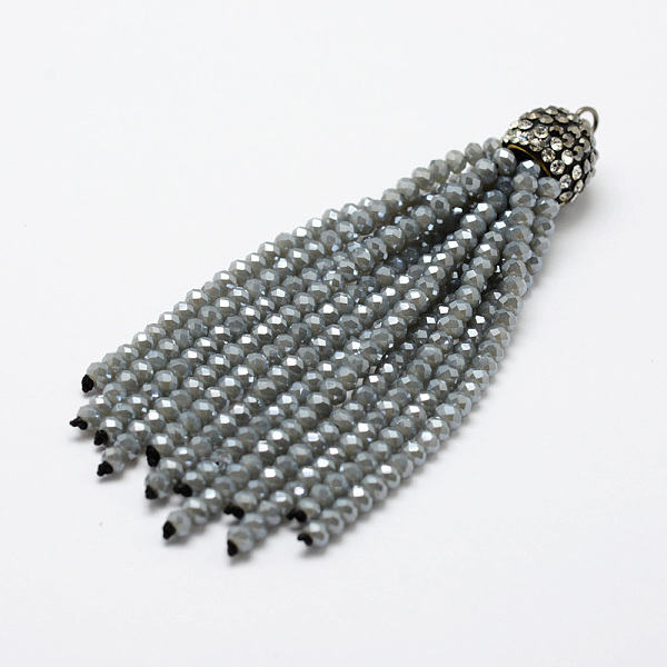 

PandaHall Electroplate Glass Bead Tassel Big Pendants, with Brass Rhinestone Findings, Gray, 76x10.8mm, Hole: 2.5mm Glass Gray