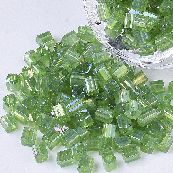 

PandaHall 6/0 Glass Seed Beads, Transparent Colours Rainbow, Square Hole, Cube, Green, 6/0, 3~5x3~4x3~4mm, Hole: 1.2~1.4mm, about...