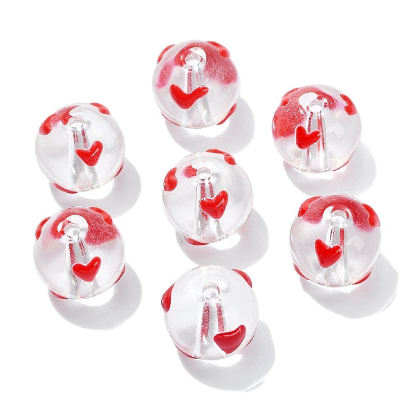 

PandaHall 10Pcs Transparent Glass Enamel Beads, Round with Heart, Red, 13x12x11mm, Hole: 1.8mm Glass Round Red