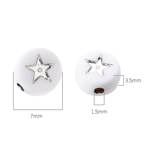 

PandaHall White Opaque Acrylic Beads, Flat Round with Star, Silver Plated, 7x4mm, Hole: 1.5mm, about 200pcs/bag Acrylic Flat Round White