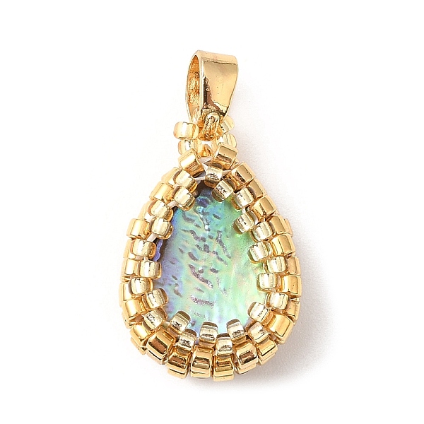 

PandaHall Natural Abalone Shell/Paua Shell Pendants, TOHO Round Seed Beads Wrapped Charms with Real 18K Gold Plated Brass Snap on Bails..., Green