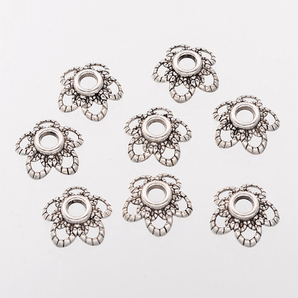 5-petal flower tibetan silver bead caps, lead free & cadmium free, antique silver, about 11.2mm in diameter, hole: about 2mm