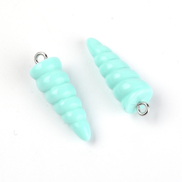

PandaHall Resin Pendants, with Platinum Iron Peg Bail, Unicorn Horn, Cyan, 29x10x9.5mm, Hole: 1.8mm Iron+Resin Others Cyan