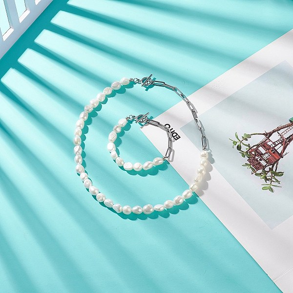 Natürliche Barocke Perlenkette Und Armband Mit 304 Büroklammerkette Aus Edelstahl