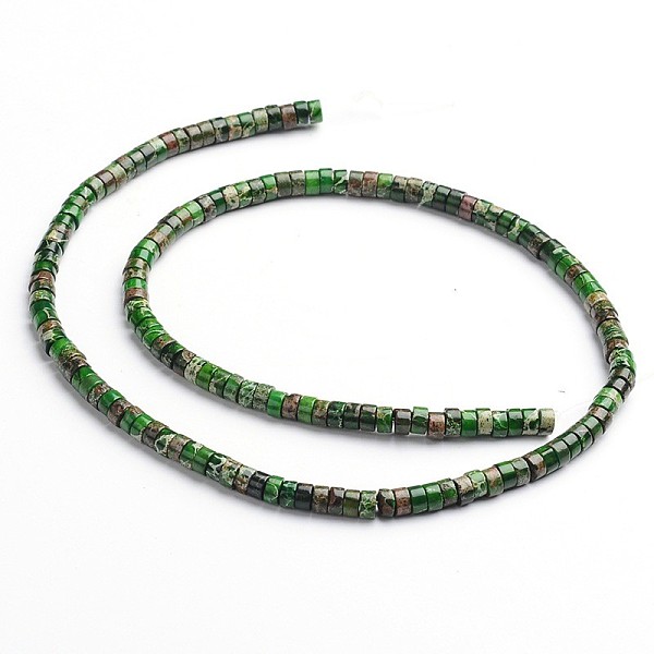 

PandaHall Dyed Natural Imperial Jasper Beads Strands, Heishi Beads, Flat Round/Disc, Dark Green, 4~4.5x2mm, Hole: 1mm, about 180pcs/strand...